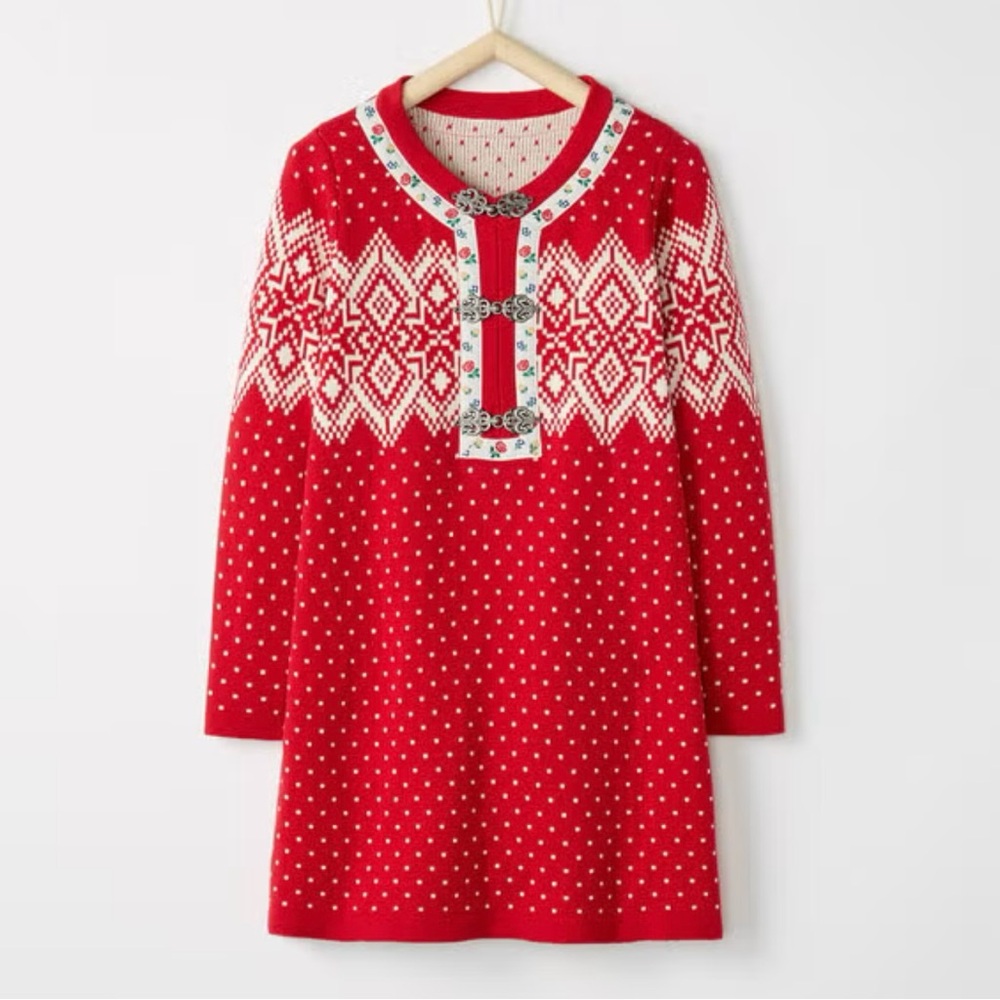 HANNAH ANDERSON Girl Sz 5 Fair Isle Happy Sweater Dress Nordic Red 3 Metal Clasp